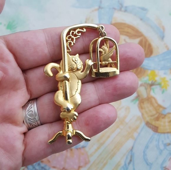 🌙Large Signed JJ Vintage Cat Brooch Pin Moving Parts - Picture 3 of 10